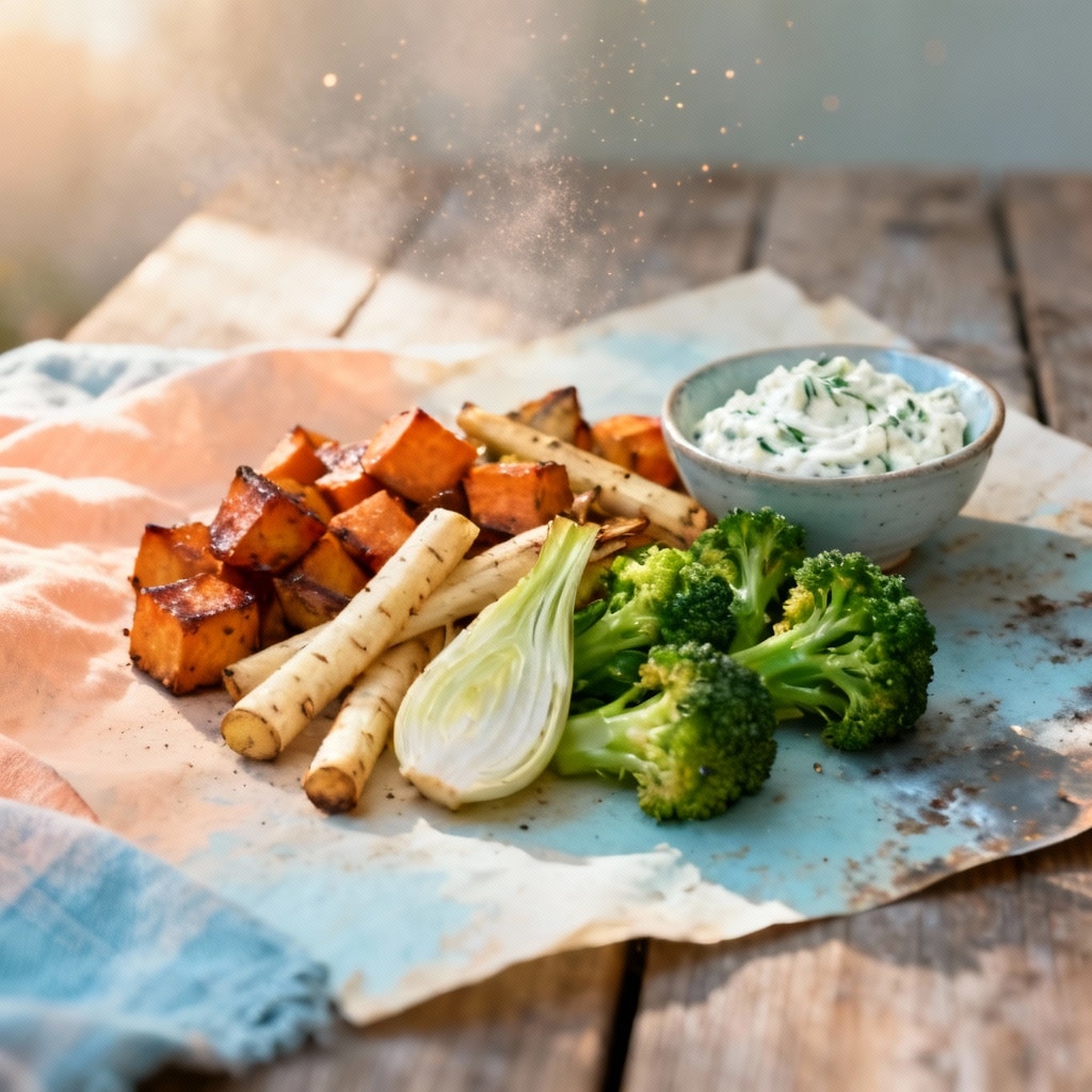 Abendessen mit Histaminintoleranz - Rezept 3: Buntes Ofengemüse mit Kräuter-Quark-Dip