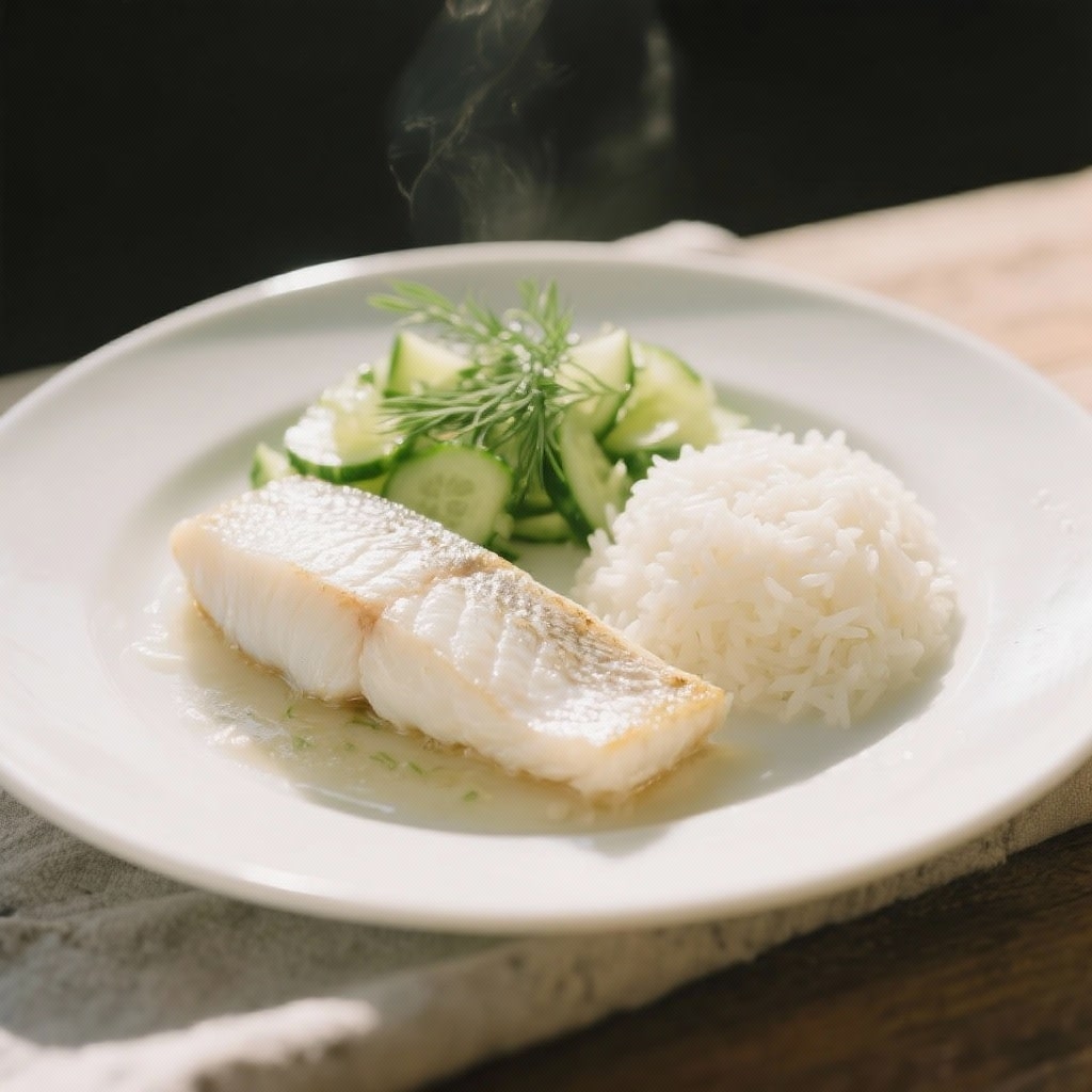 Abendessen mit Histaminintoleranz - Rezept 4: Gedünstetes Kabeljaufilet mit Reis und Gurkensalat