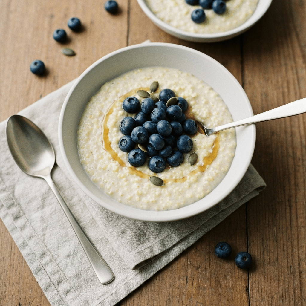 Histaminarmes Frühstück - Rezept 1: Cremiges Hirse-Porridge mit warmen Blaubeeren