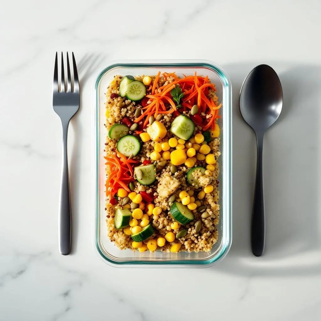 Mittagessen mit Histamintoleranz: Rezept 1: Bunter Quinoa-Salat "Büro-Held" (vegetarisch)